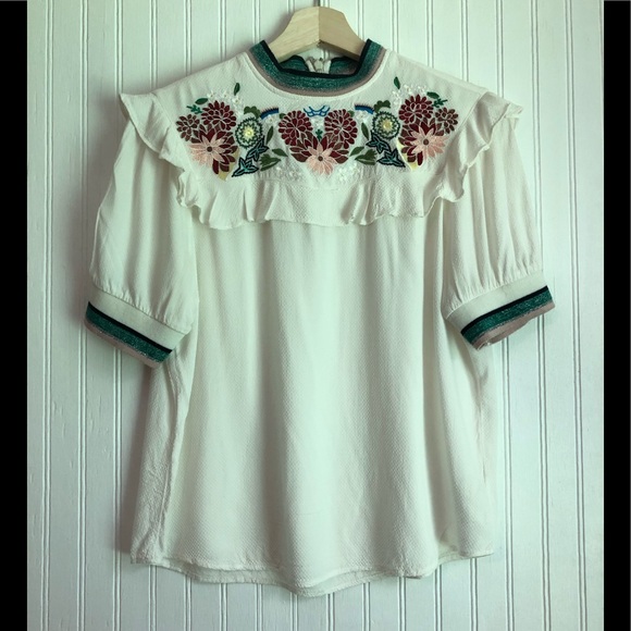 A Pictures Worth Tops - A Pictures Worth Floral Embroidered Trim Top Sz S